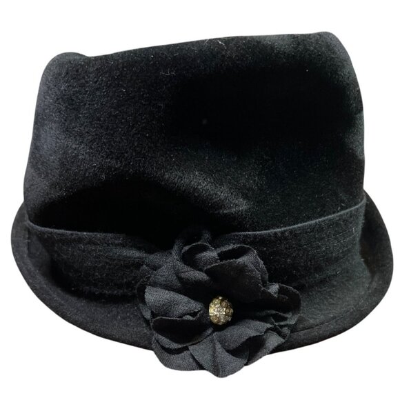 Vintage Marshall Field & Company Black Felt Hat Rhinestone Flower Union Label - Picture 1 of 9